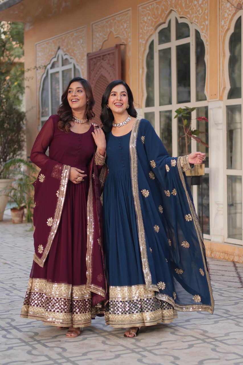 "Elegant Faux Blooming Embroidered Gown with Sequins & Designer Dupatta Set"