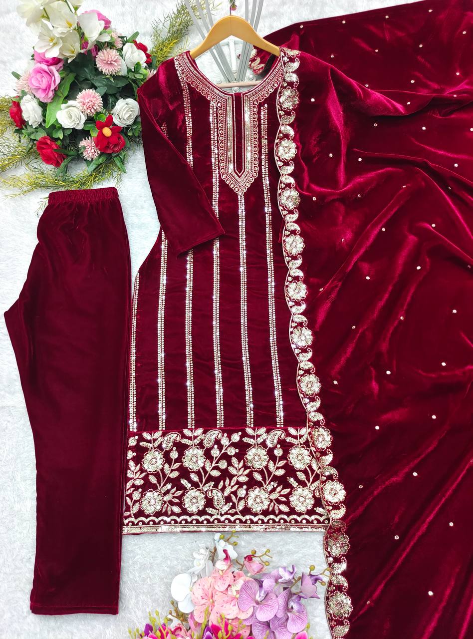 Premium Velvet Embroidered Top & Bottom Set