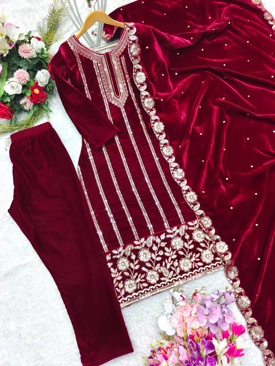 Premium Velvet Embroidered Top & Bottom Set