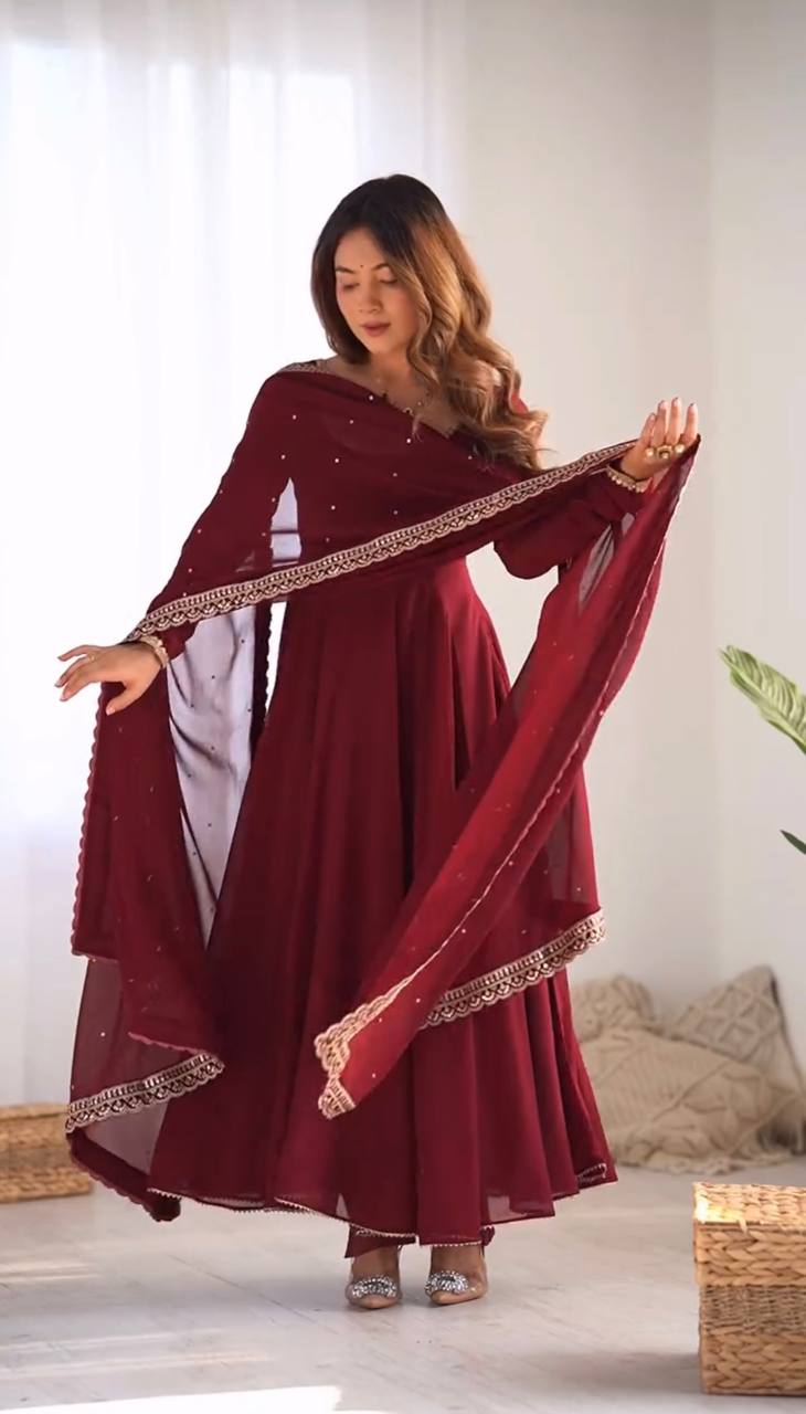 Elegant Heavy Faux Georgette Suit Set with Embroidery Work and Lace Detailing