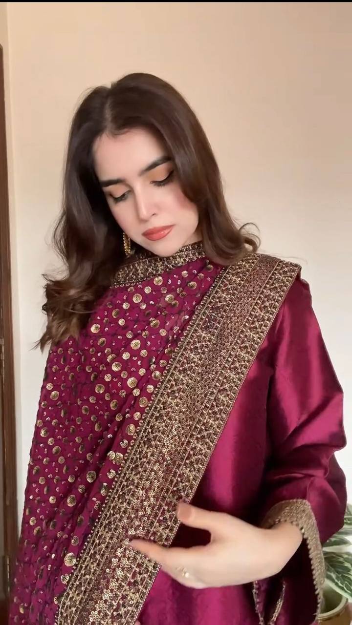 "Elegance in Monsoon Silk: Thread & Sequins Ensemble"