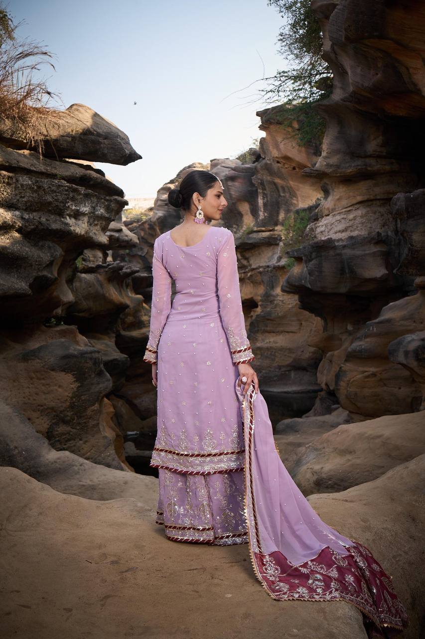 "Elegant Foux Gorgette Sharara Set with Intricate Thread and Sequence Work"
