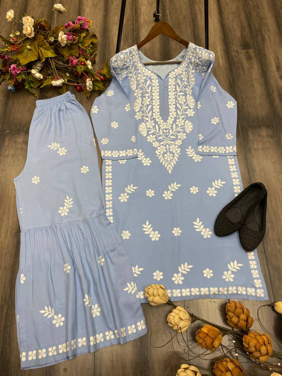 MASLIN TOP WITH COTTON THREAD EMBROIDERED WORK SHARARA