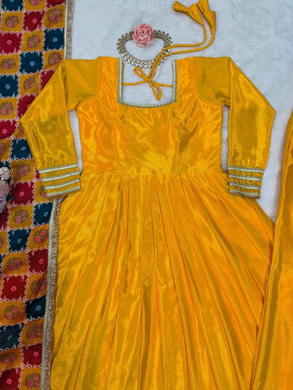 "Chinon Silk Elegance: Top, Plazo, and Dupatta Set"