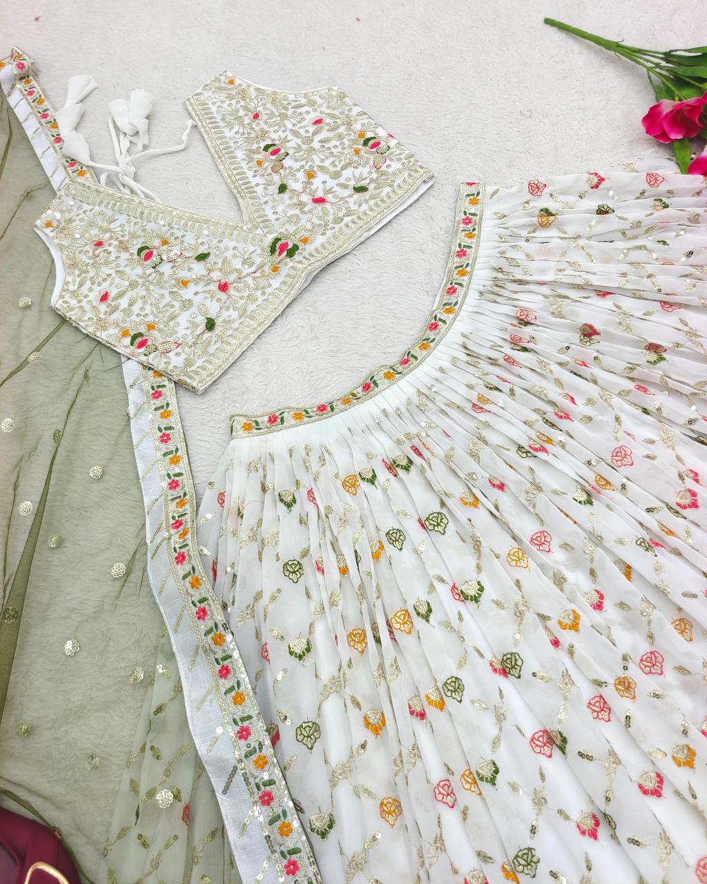 "Elegant Fox Georgette Lehenga Set with Siqwans Embroidery & Fancy Latkan Dori"