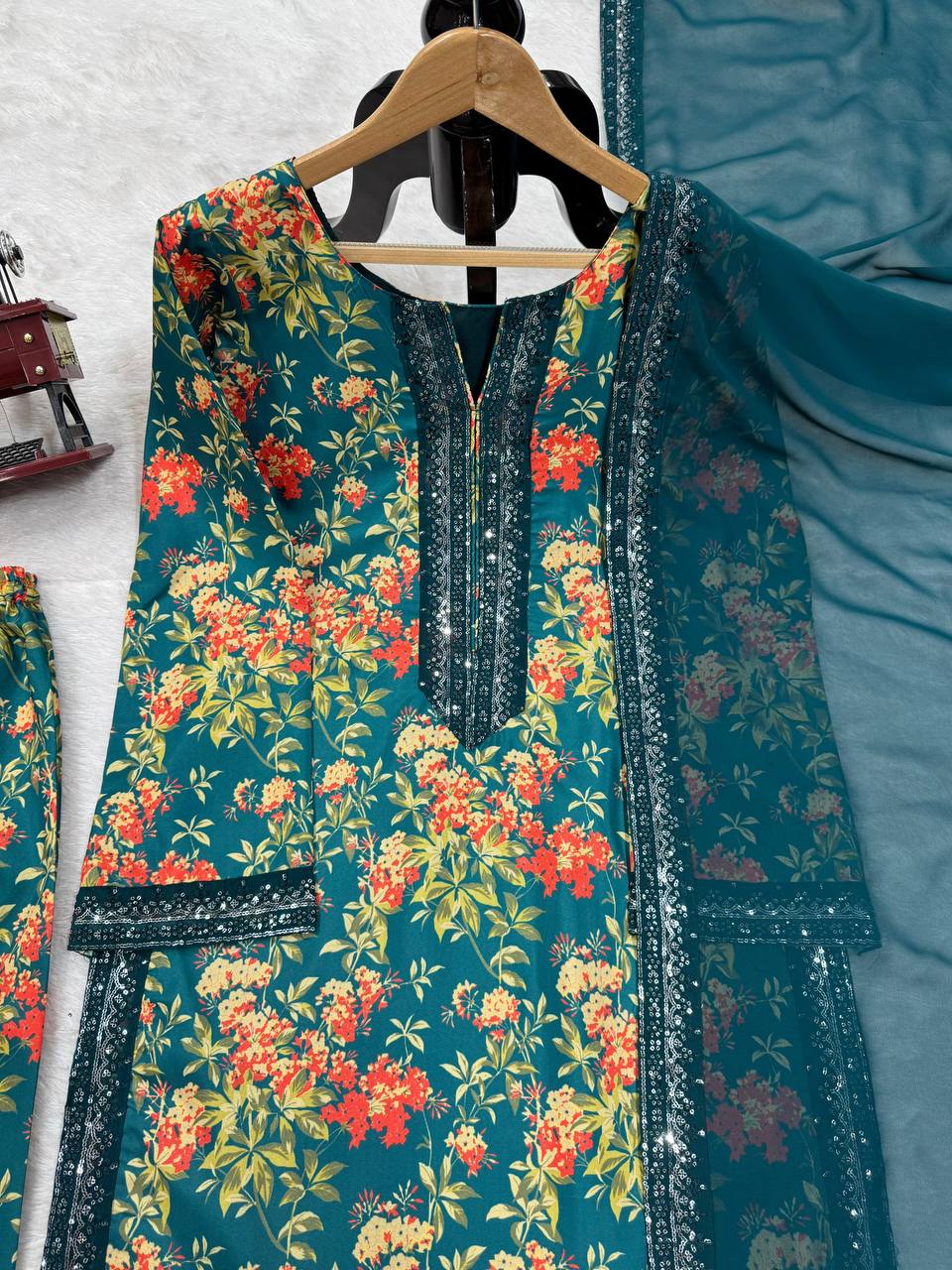 "Luxe Threaded Silk Set with Digital Print"