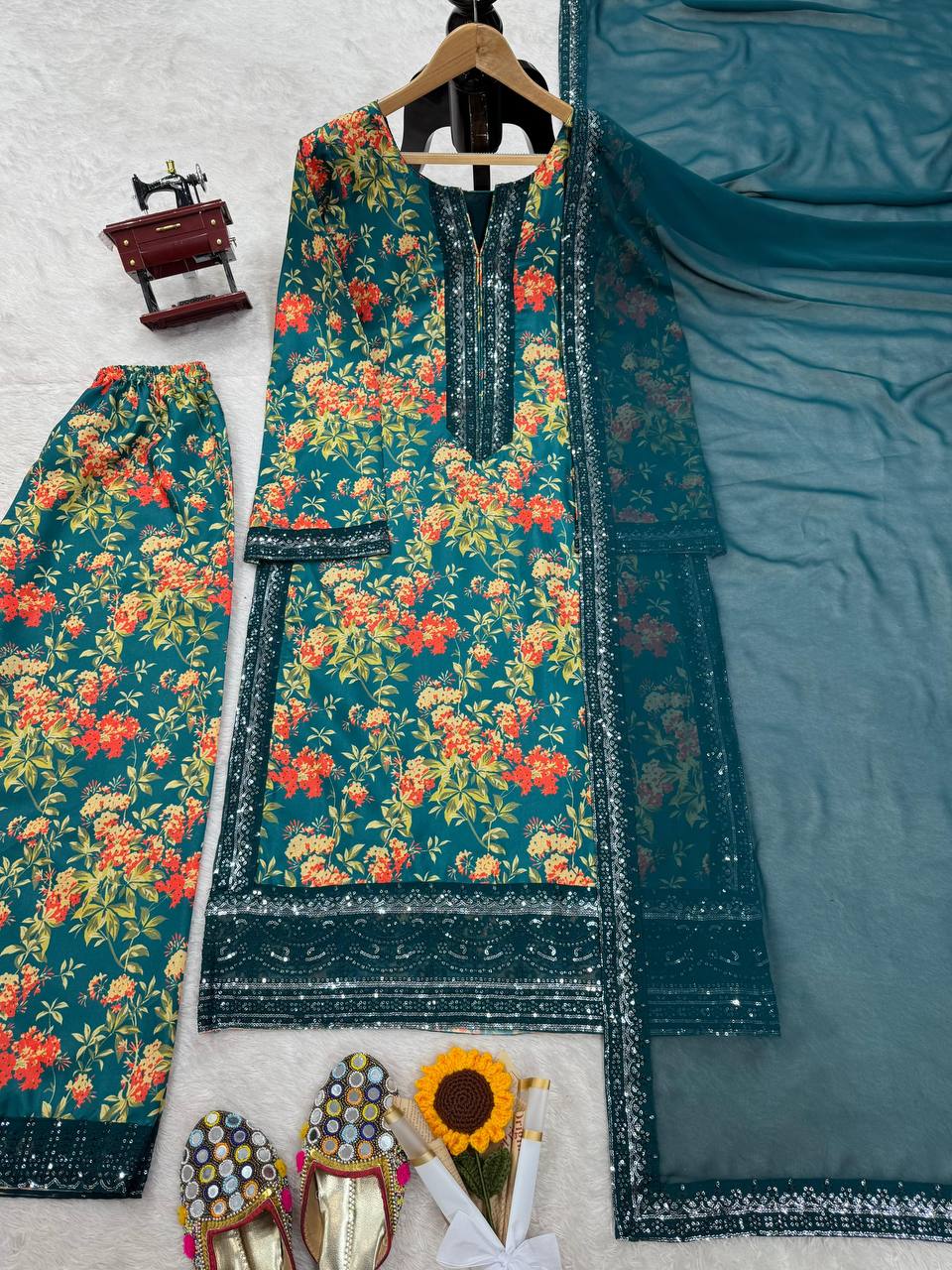 "Luxe Threaded Silk Set with Digital Print"