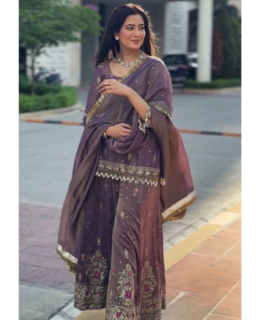 Pure Twill Gold net Top Palazzo with Dupatta