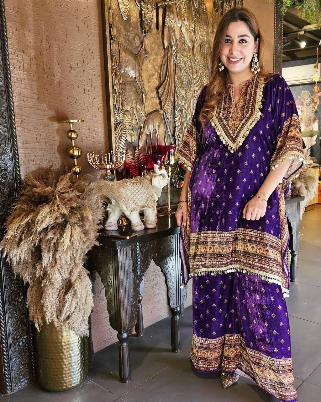 "Elegant Viscos Velvet Kaftan & Plazo Set with Digital Print"