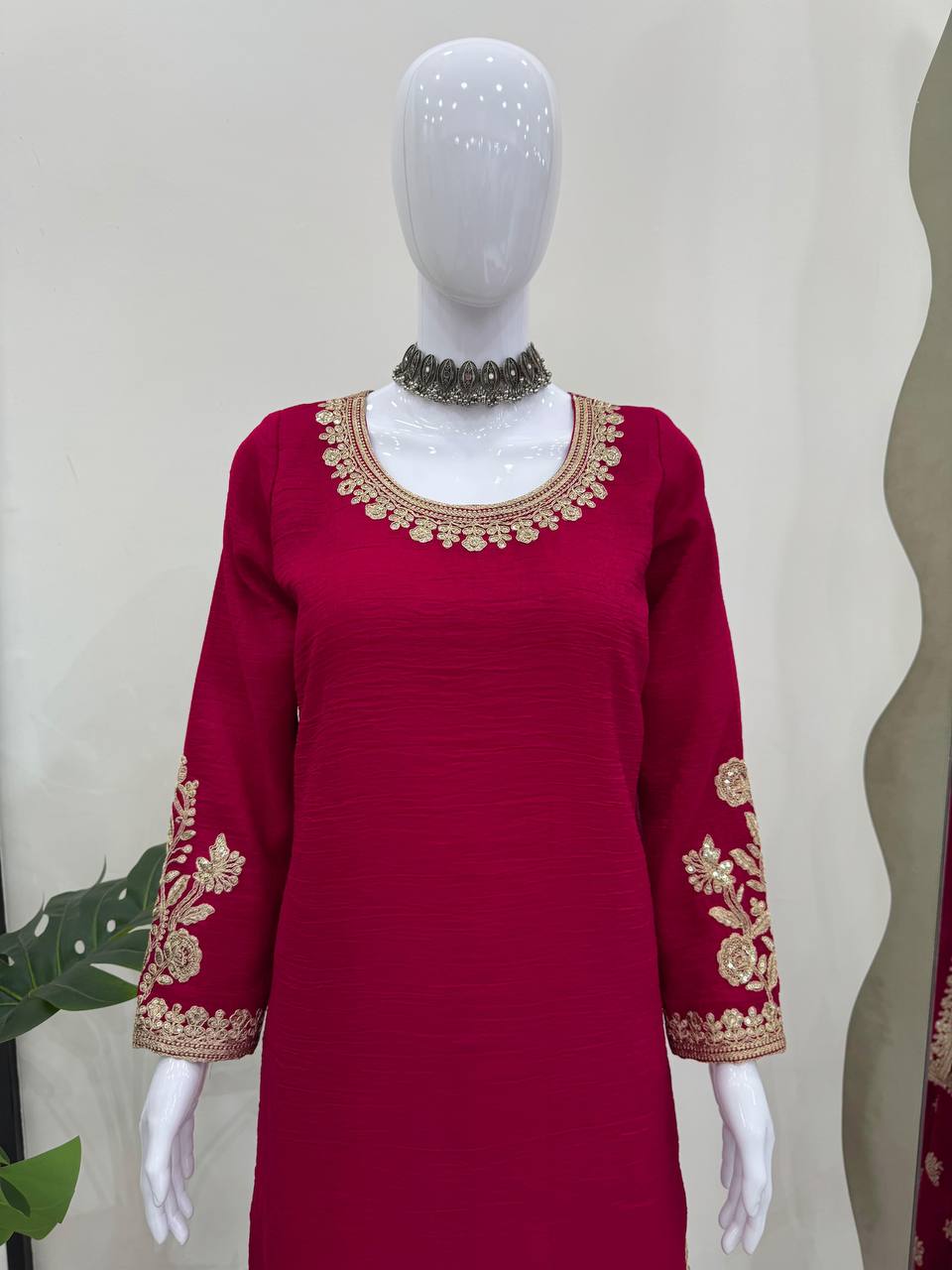 "Elegant Crunch Silk Ensemble with Coding Dori and Sequins"