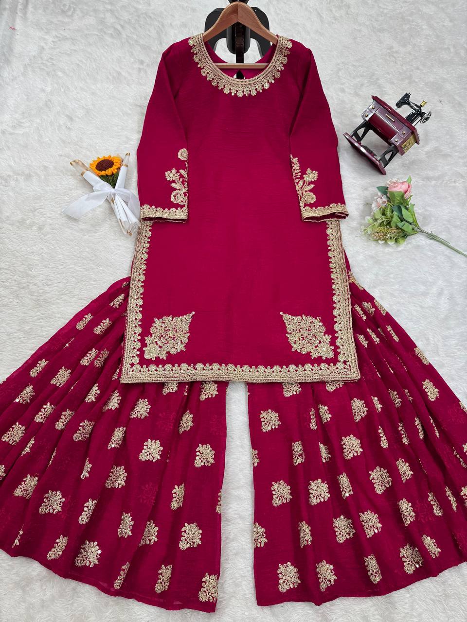 "Elegant Crunch Silk Ensemble with Coding Dori and Sequins"