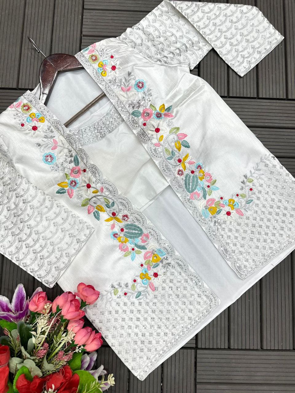 "Elegant Heavy Chinon Sarara Set with Embroidered Dupatta and Koti"