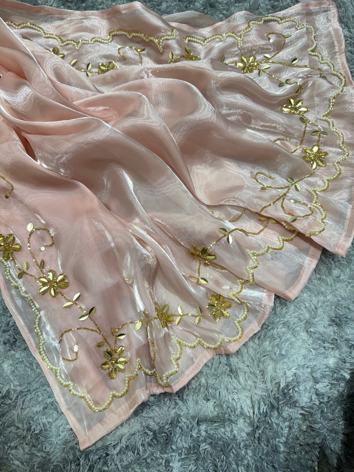 Pink saree with White And Gold Work