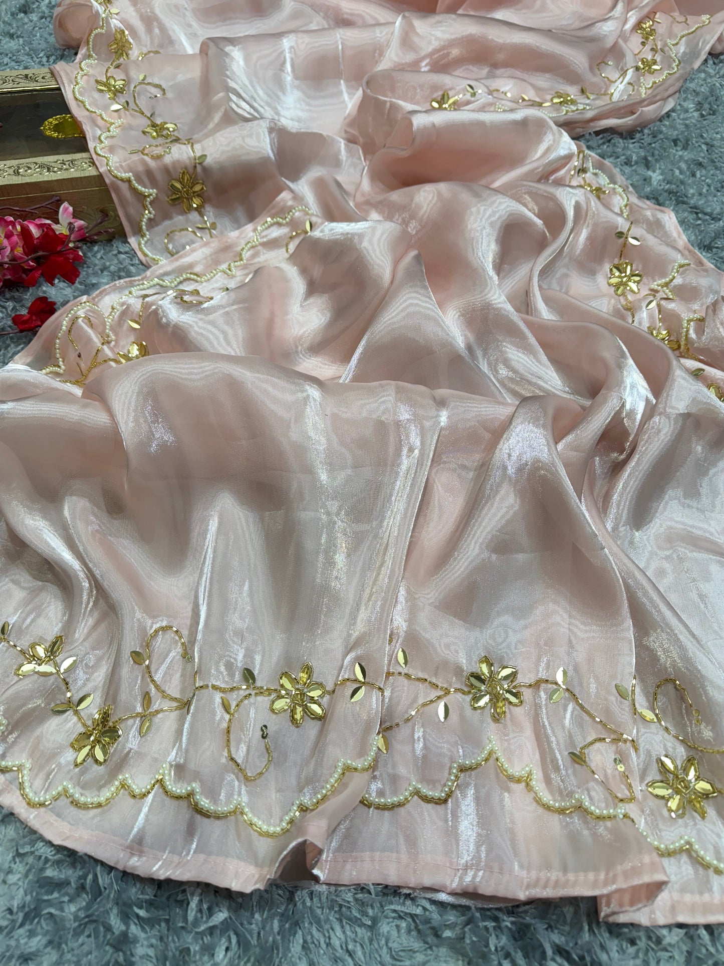 Pink saree with White And Gold Work