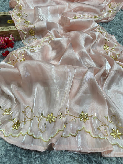 Pink saree with White And Gold Work