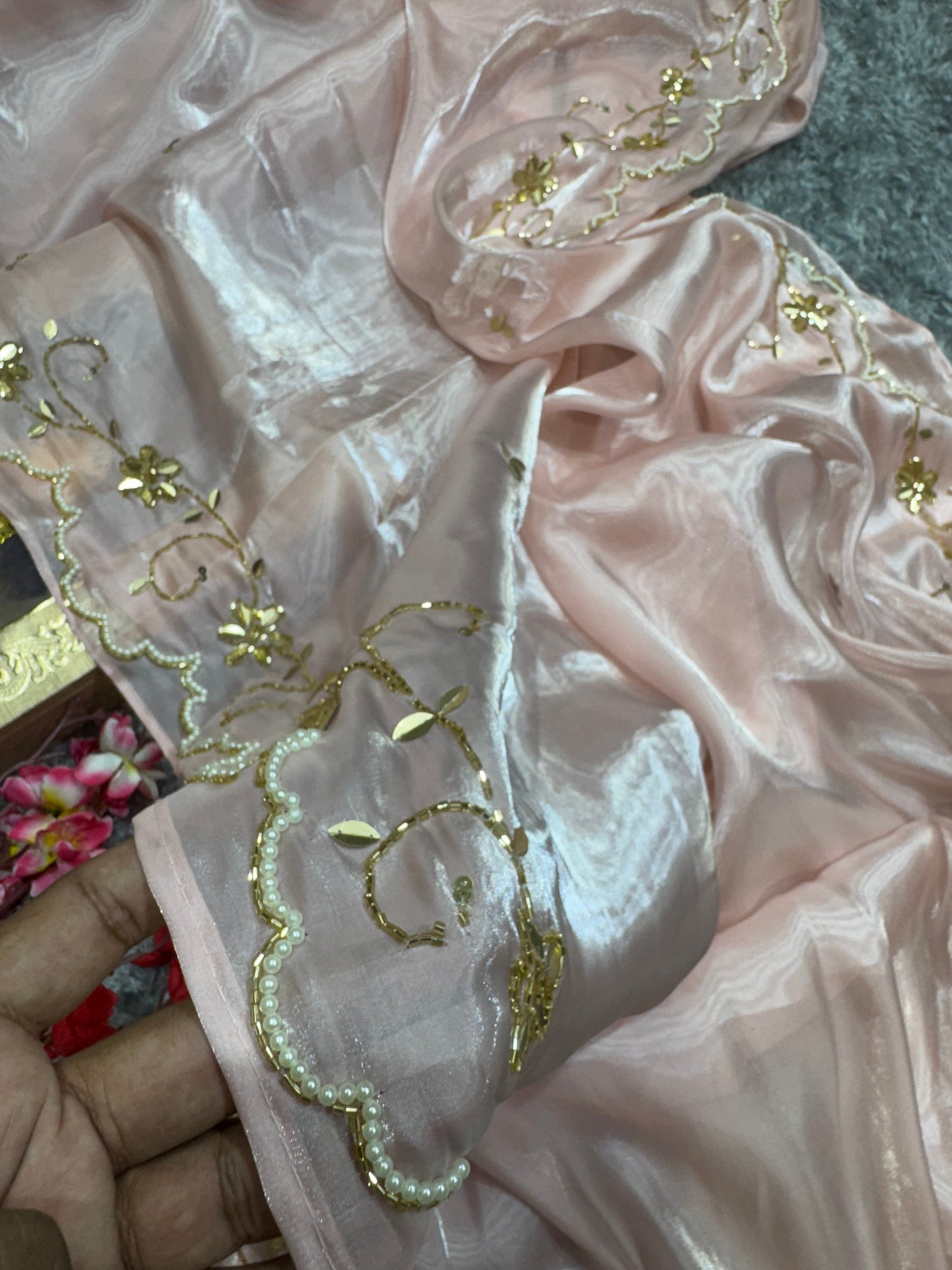 Pink saree with White And Gold Work