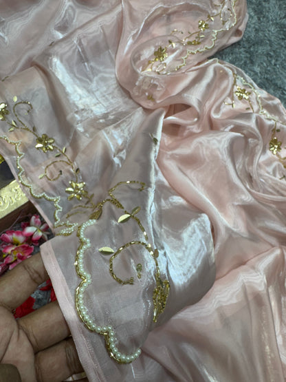 Pink saree with White And Gold Work