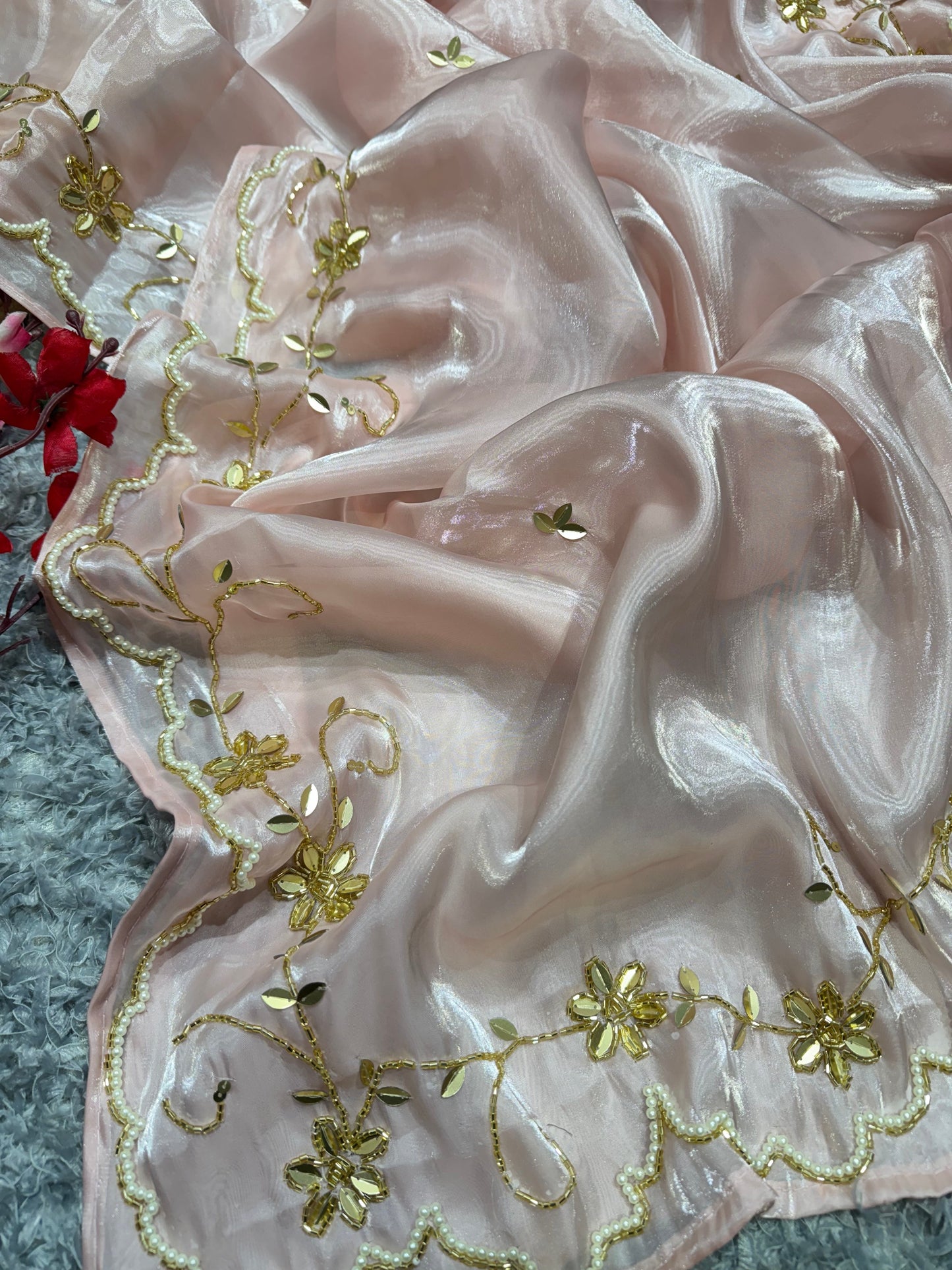 Pink saree with White And Gold Work