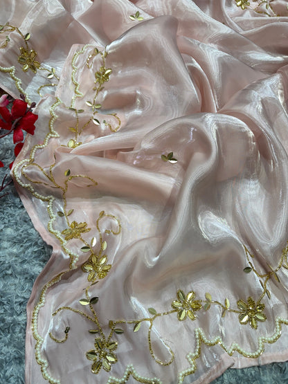 Pink saree with White And Gold Work