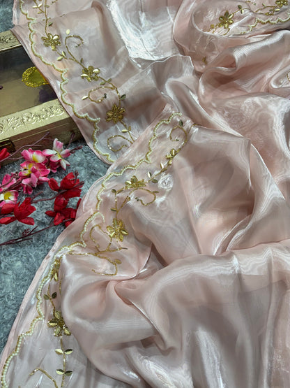 Pink saree with White And Gold Work