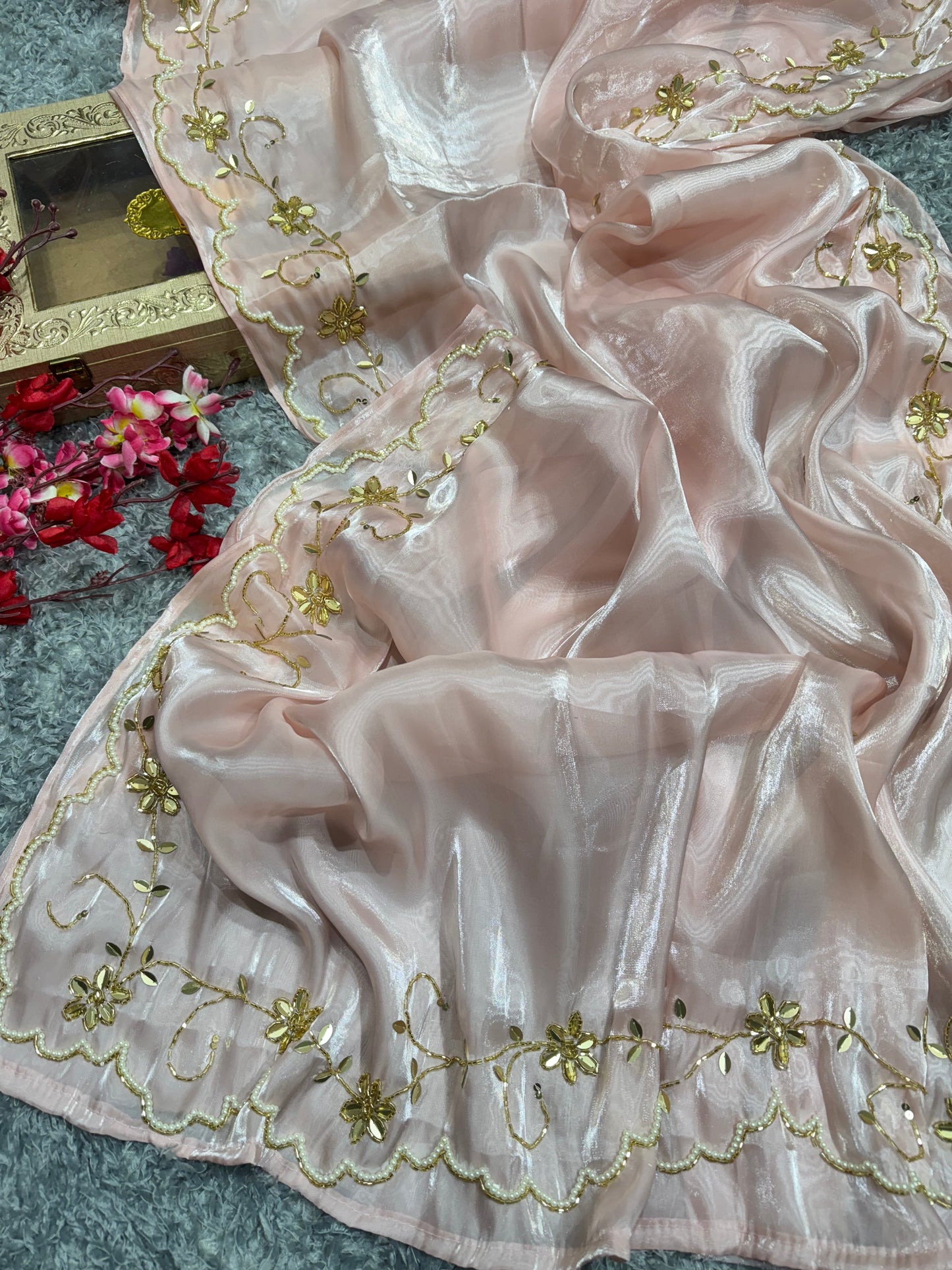 Pink saree with White And Gold Work