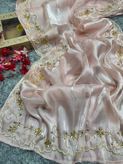 Pink saree with White And Gold Work