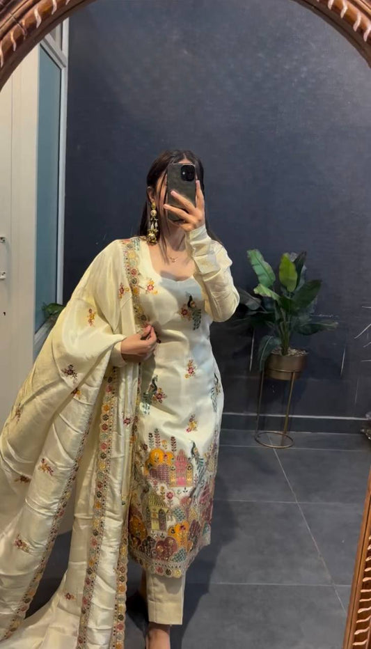 Chinnon silk hand embroidered kurta pant sets