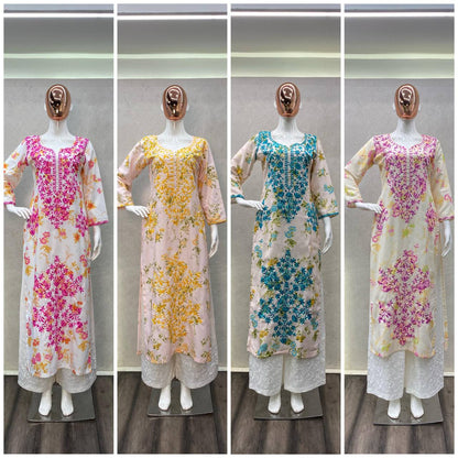 Thread and hand embroidered rayon kurta with palazzo sets