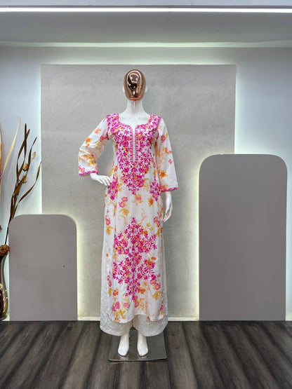 Thread and hand embroidered rayon kurta with palazzo sets