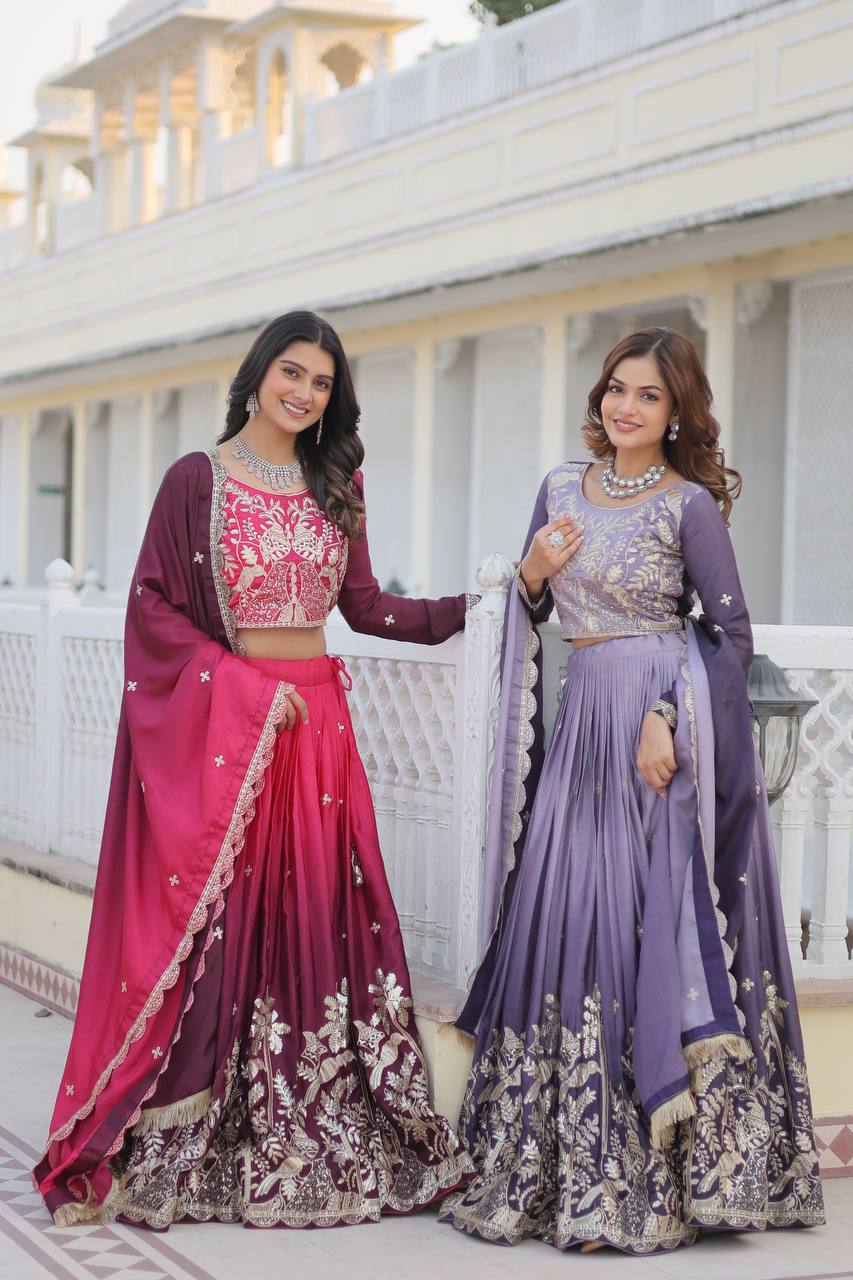 Women's designer Chinnon silk handwork choli lehenga with dupatta sets