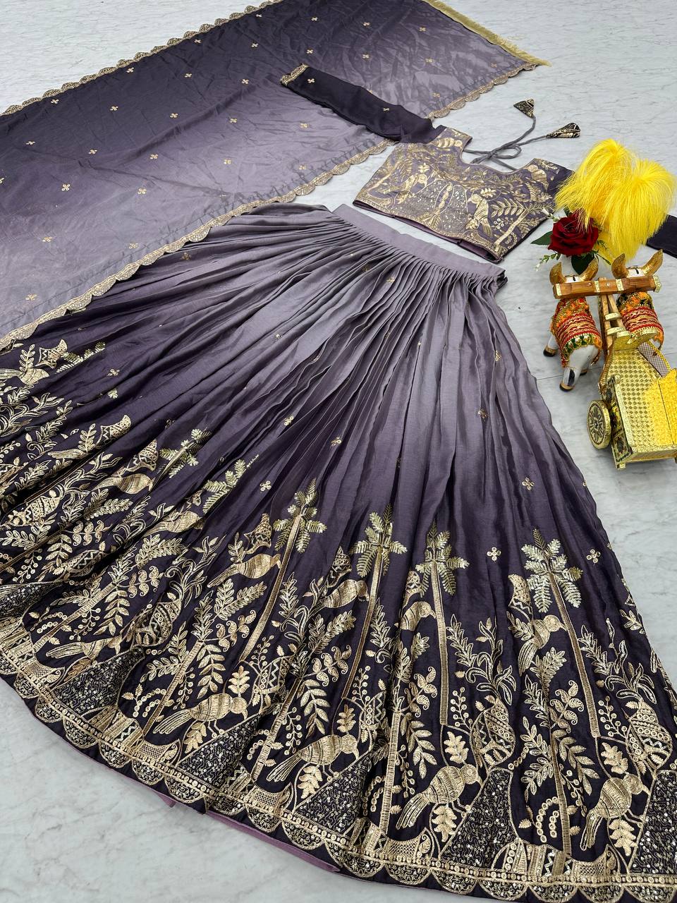 Women's designer Chinnon silk handwork choli lehenga with dupatta sets