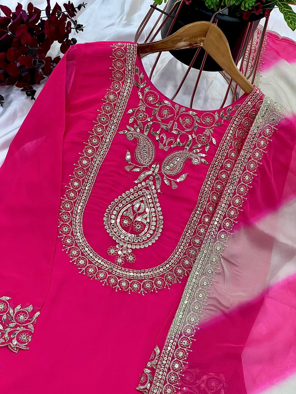 Women's designer faux georgette kurta sets with organza dupatta
