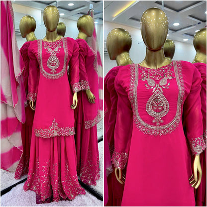 Women's designer faux georgette kurta sets with organza dupatta