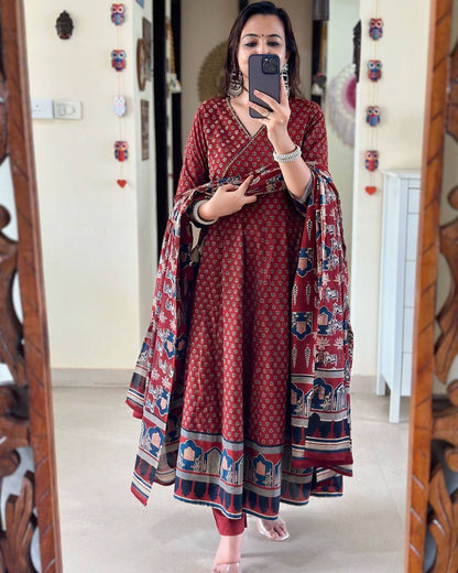 Block print pure cotton anarkali kurta pant with dupatta sets
