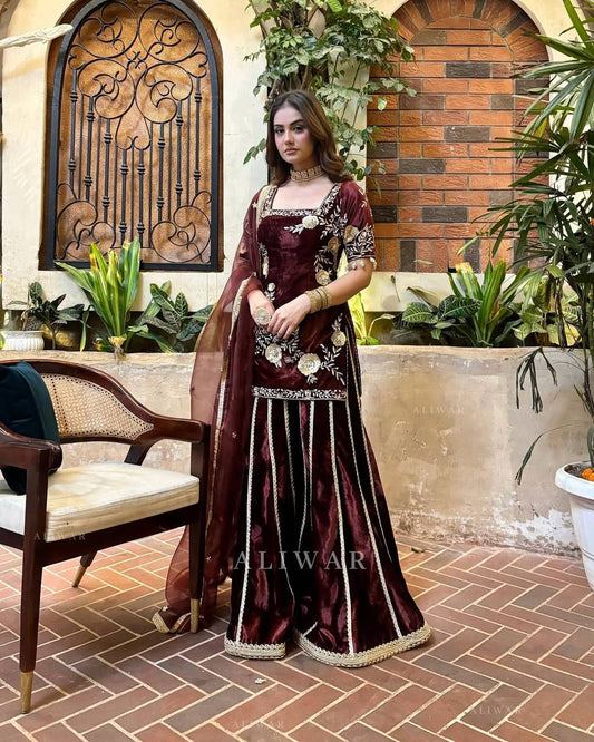 Viscose velvet hand embroidered kurta sharara with dupatta sets
