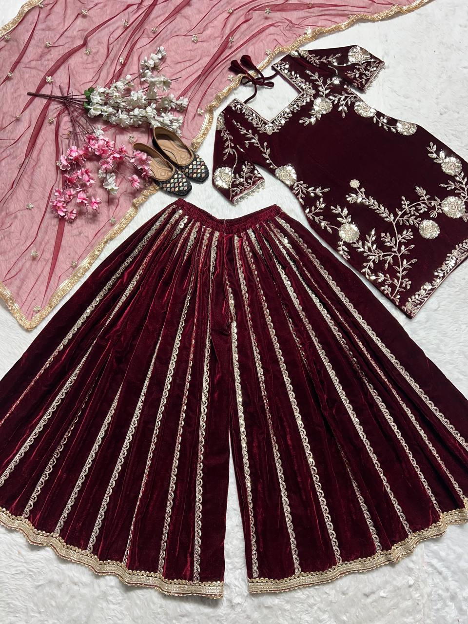 Viscose velvet hand embroidered kurta sharara with dupatta sets