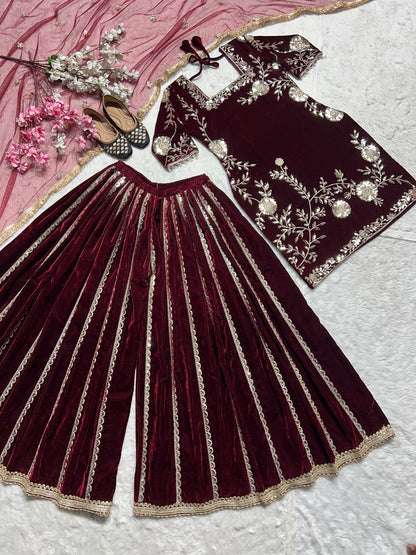 Viscose velvet hand embroidered kurta sharara with dupatta sets