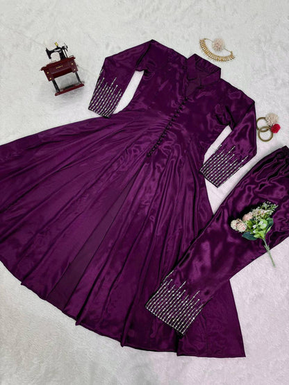 Thread work front cut silk fabric kurta pent sets