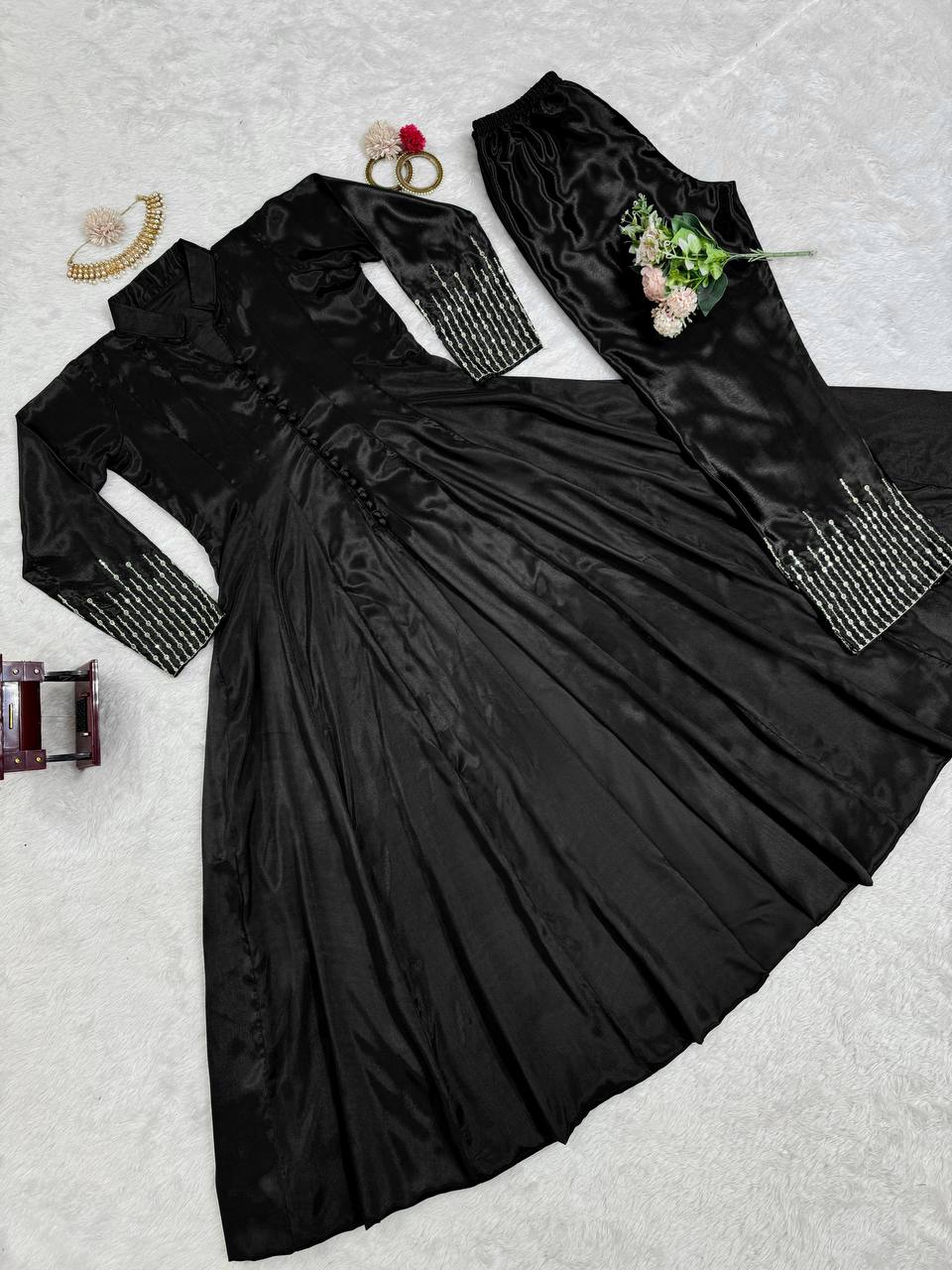Thread work front cut silk fabric kurta pent sets