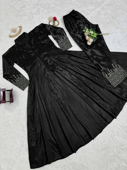 Thread work front cut silk fabric kurta pent sets