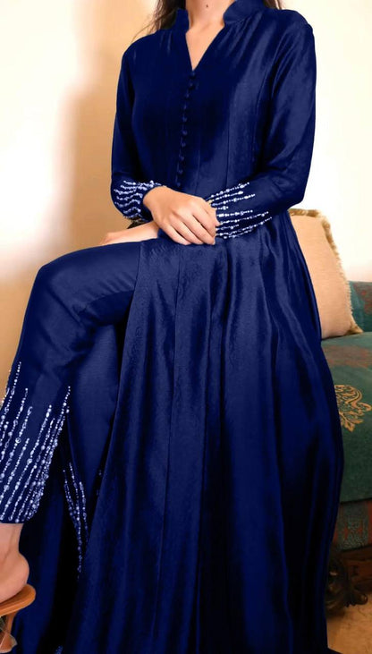 Thread work front cut silk fabric kurta pent sets