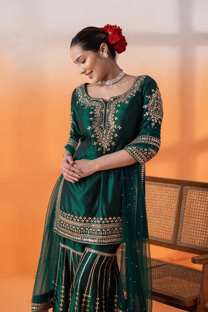 Heavy embroidered chinnon silk kurta sharara with net dupatta sets