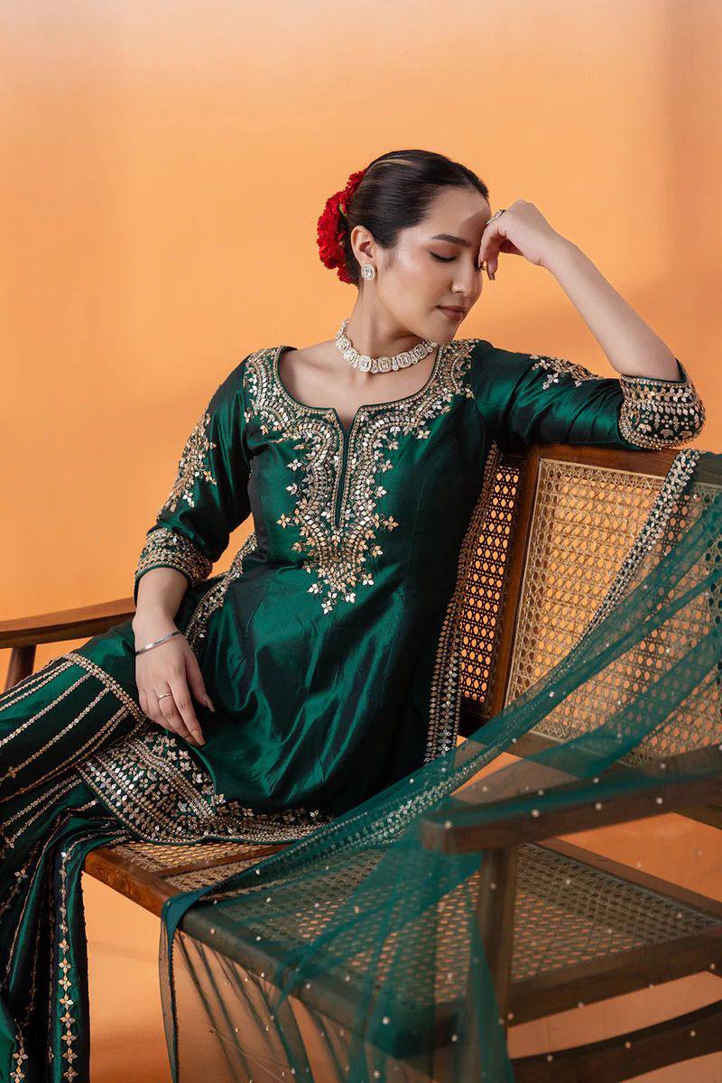 Heavy embroidered chinnon silk kurta sharara with net dupatta sets