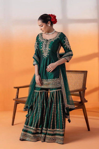 Heavy embroidered chinnon silk kurta sharara with net dupatta sets