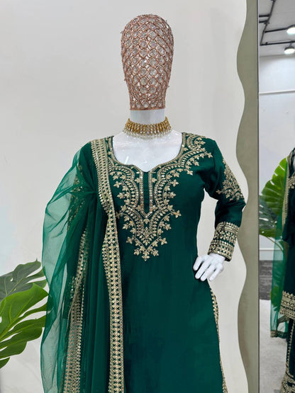 Heavy embroidered chinnon silk kurta sharara with net dupatta sets
