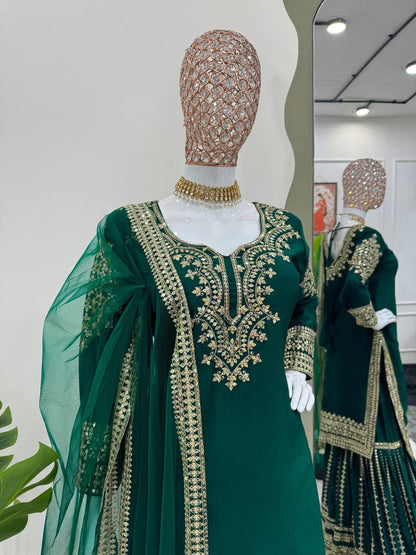 Heavy embroidered chinnon silk kurta sharara with net dupatta sets