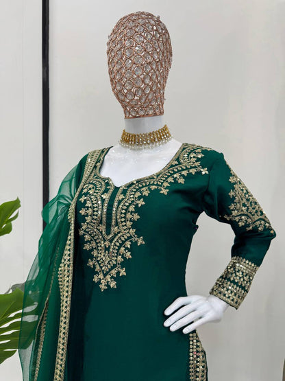 Heavy embroidered chinnon silk kurta sharara with net dupatta sets