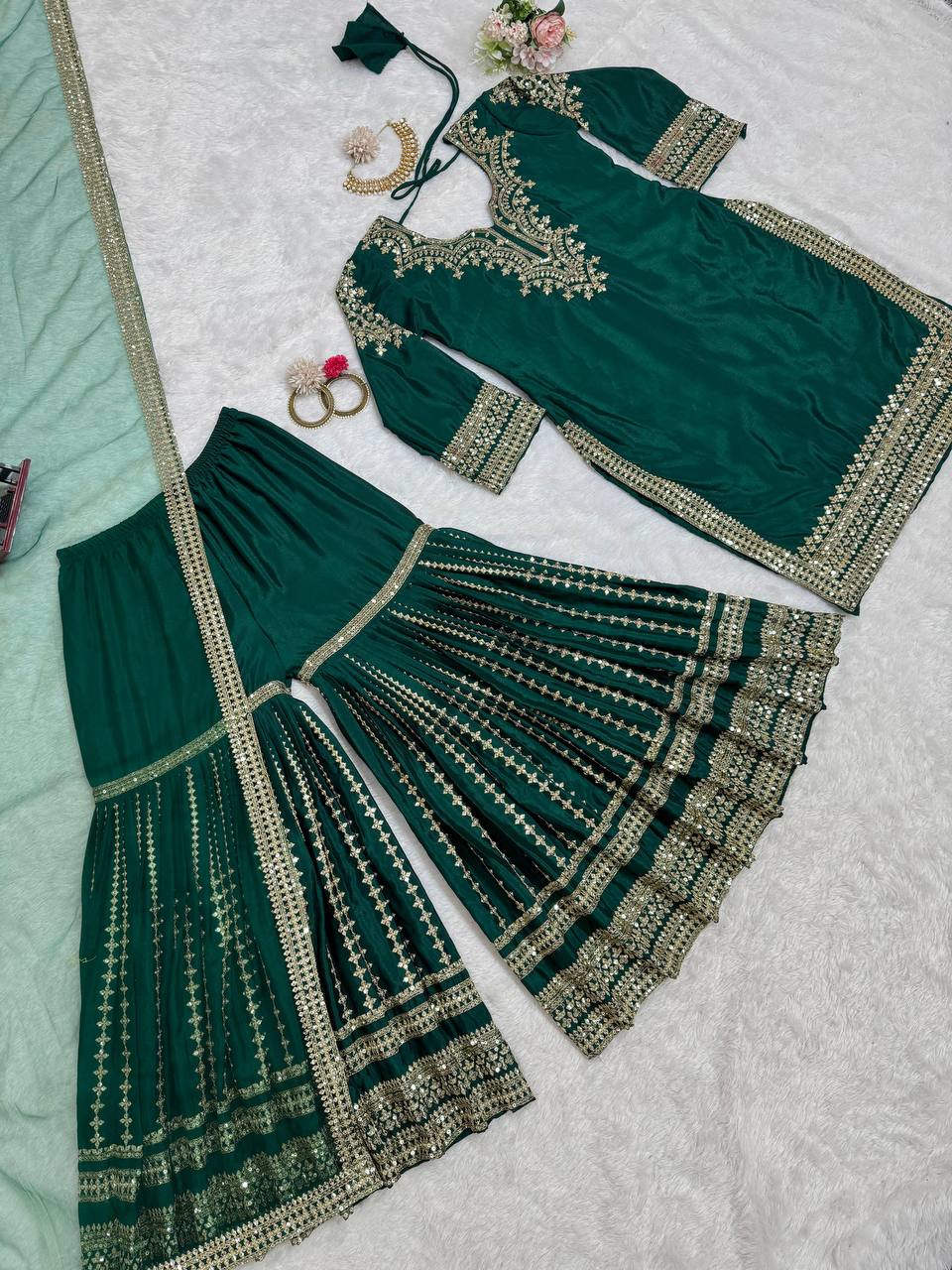 Heavy embroidered chinnon silk kurta sharara with net dupatta sets