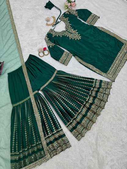 Heavy embroidered chinnon silk kurta sharara with net dupatta sets