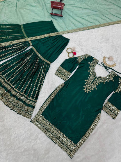 Heavy embroidered chinnon silk kurta sharara with net dupatta sets